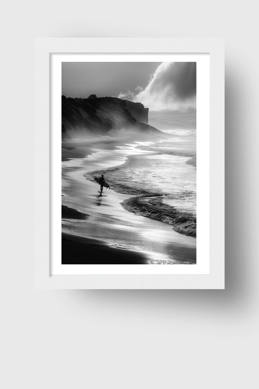Fotografie Poster Surfer Strand schwarz-weiß Küste