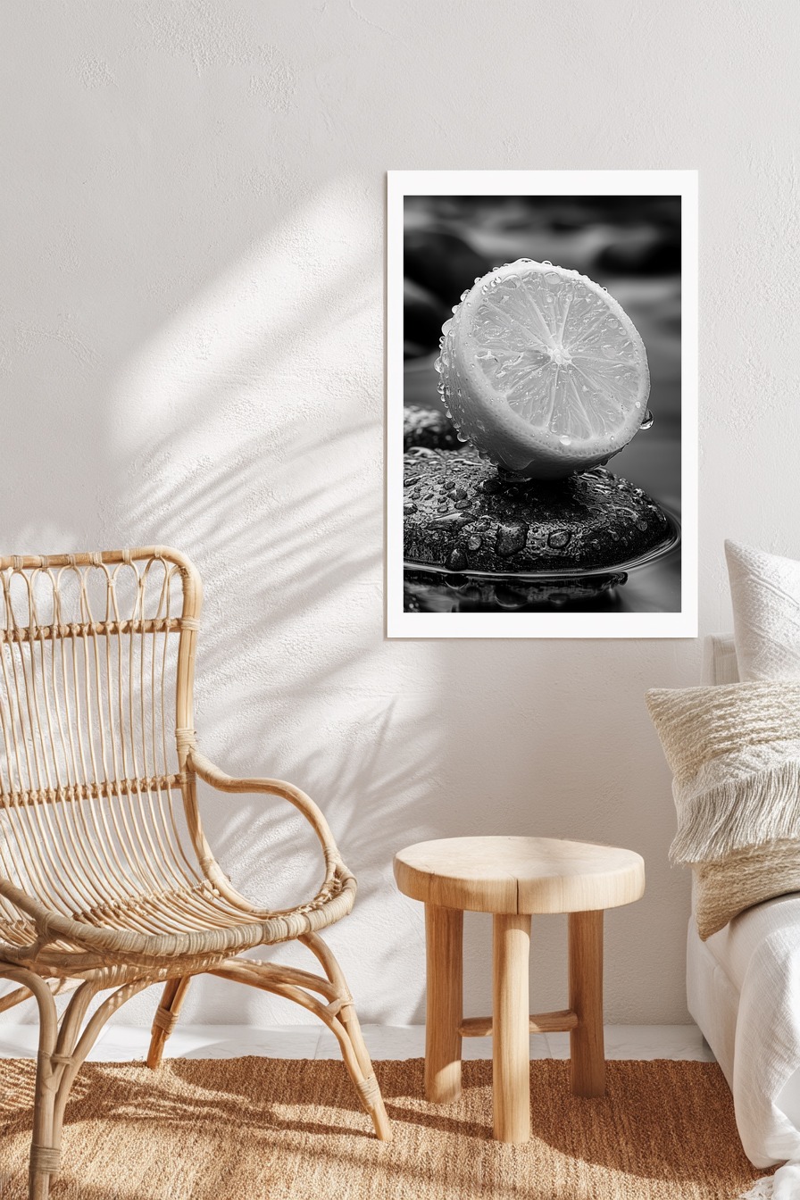 Fotografie Poster Zitrone schwarz-weiß Tropfen