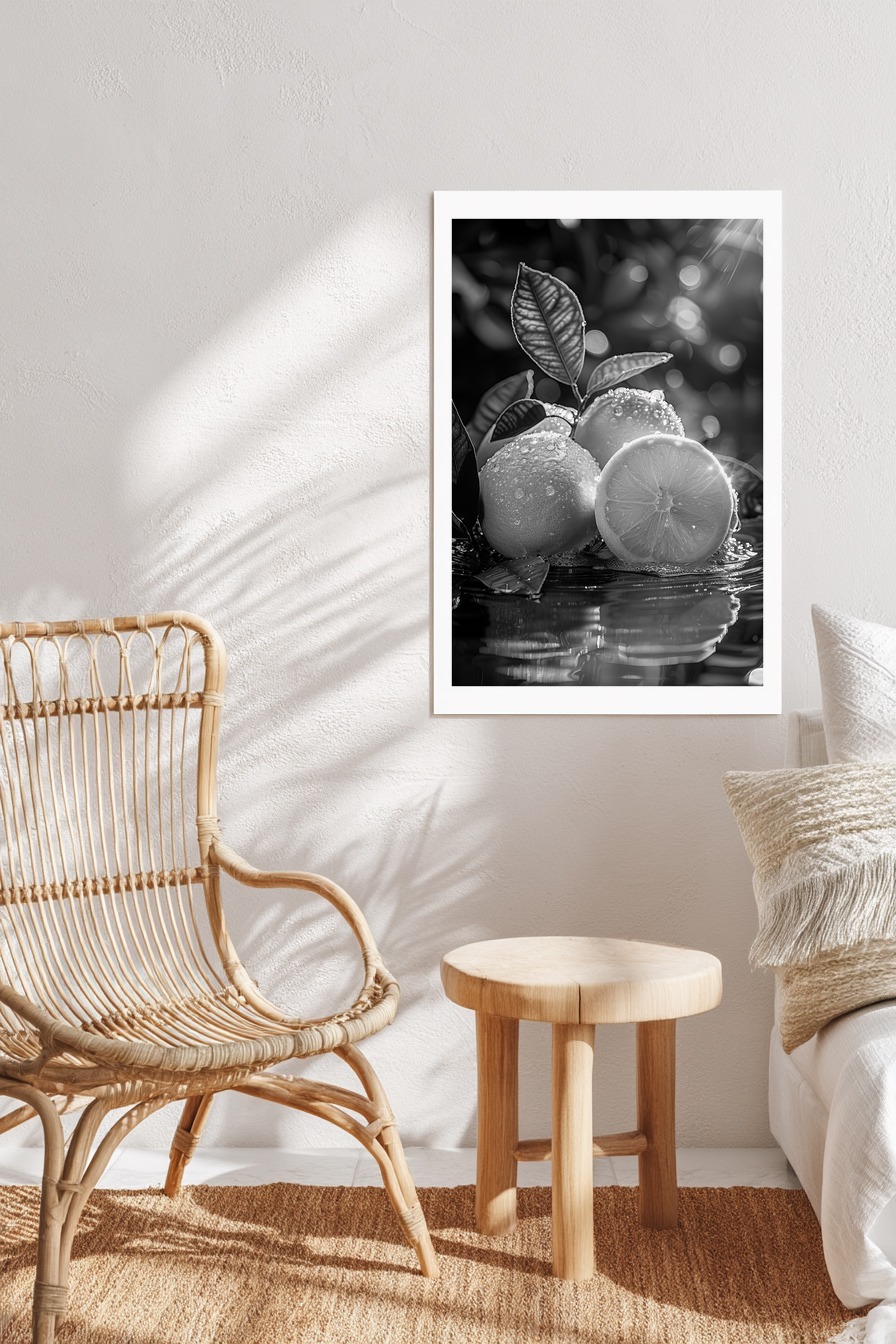 Fotografie Poster Zitrone nass Schwarz-Weiß Nahaufnahme