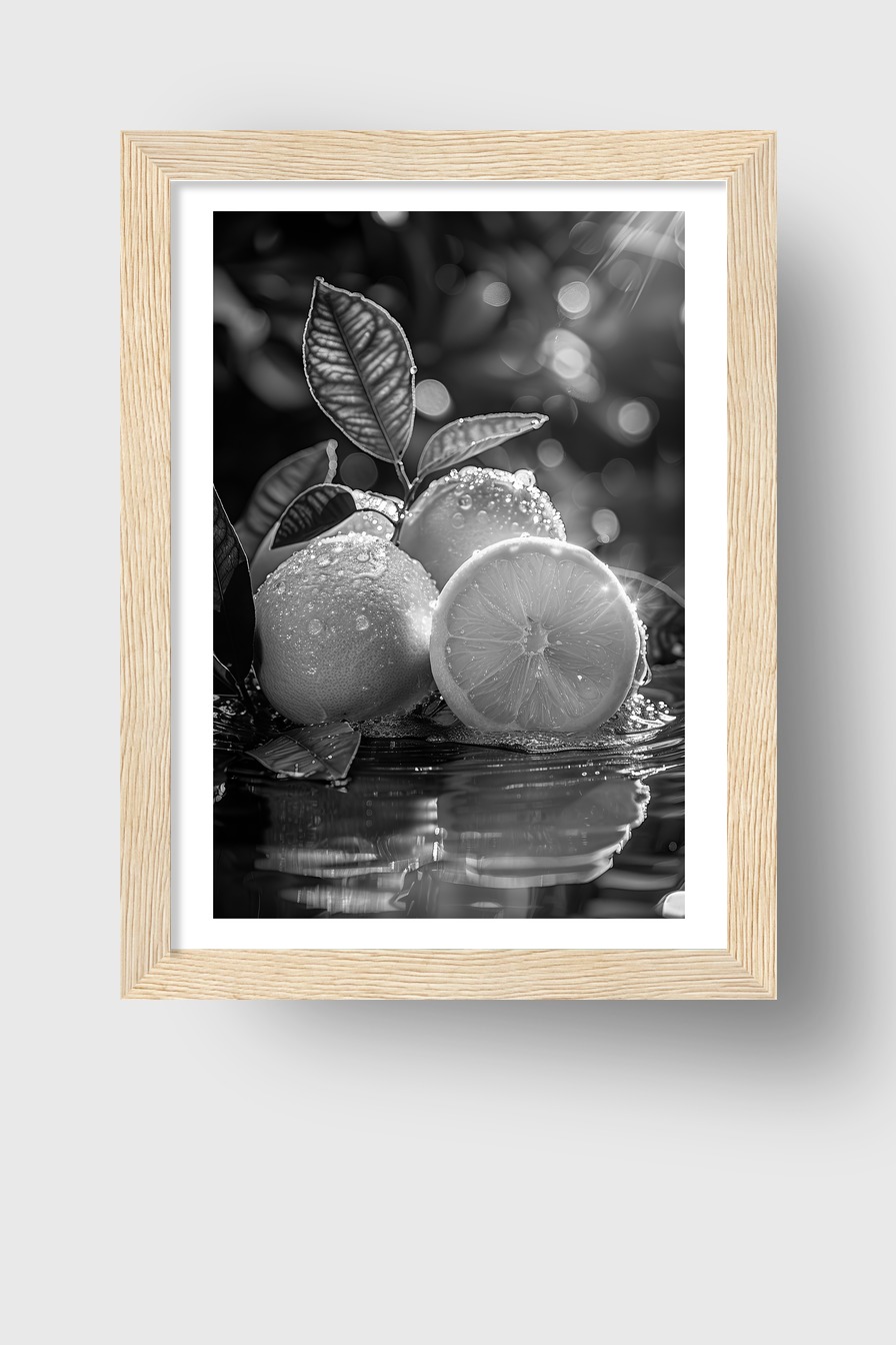 Fotografie Poster Zitrone nass Schwarz-Weiß Nahaufnahme