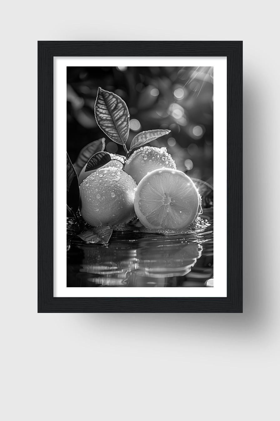 Fotografie Poster Zitrone nass Schwarz-Weiß Nahaufnahme