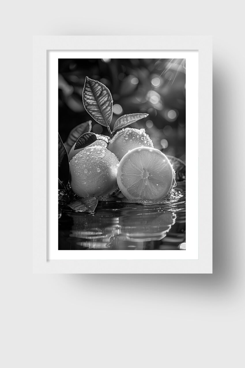 Fotografie Poster Zitrone nass Schwarz-Weiß Nahaufnahme