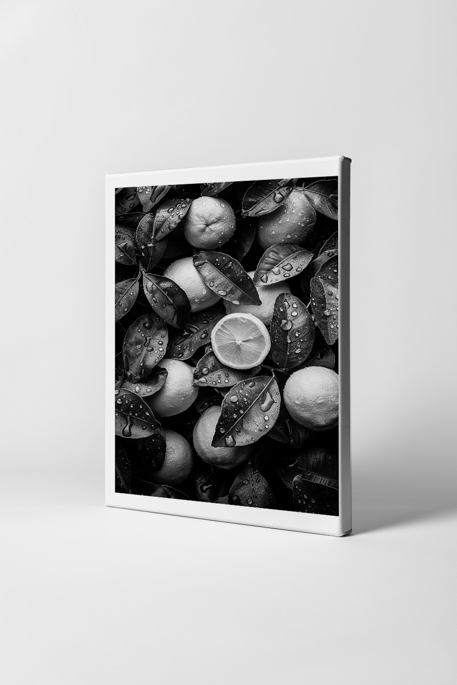 Fotografie Poster Zitrone nass schwarzweiß tropfen