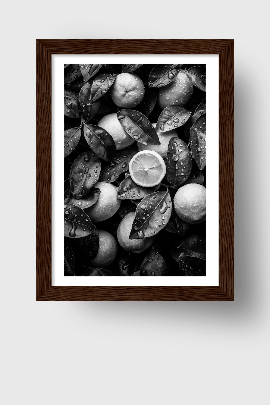 Fotografie Poster Zitrone nass schwarzweiß tropfen