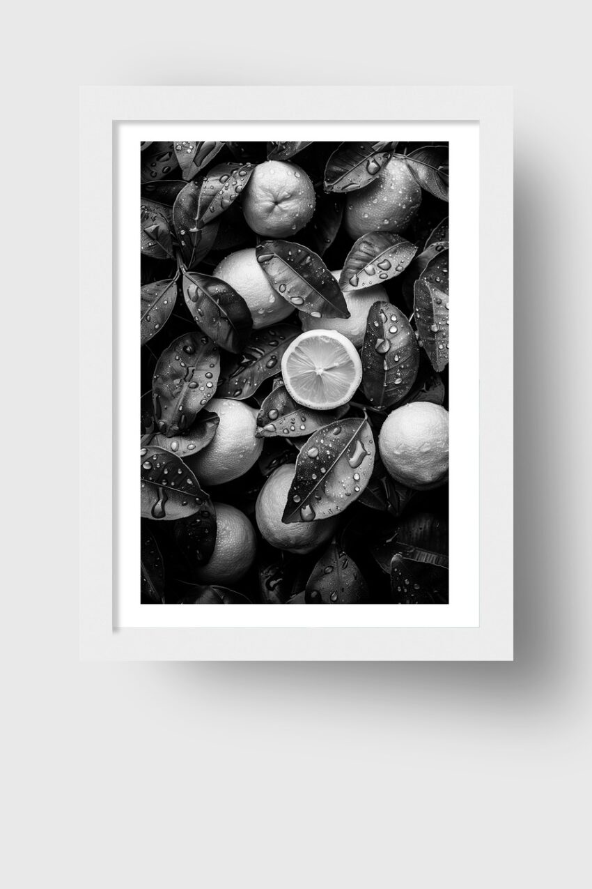 Fotografie Poster Zitrone nass schwarzweiß tropfen