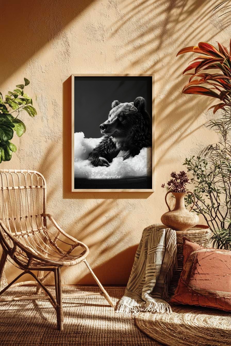 Fotografie Poster Bär Schaumbad schwarz-weiß