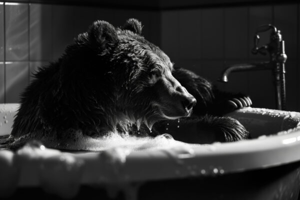 Bär Badewanne schwarz-weiß Leinwandbild