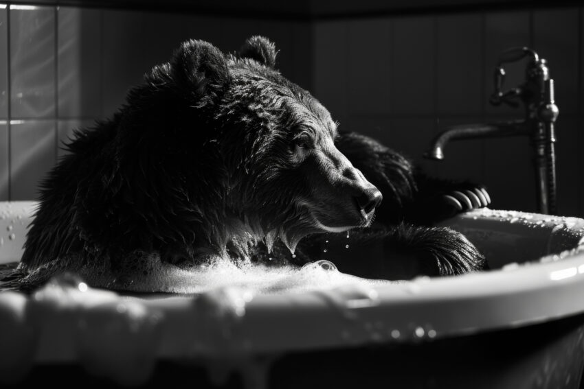 Fotografie Poster Bär Badewanne schwarz-weiß