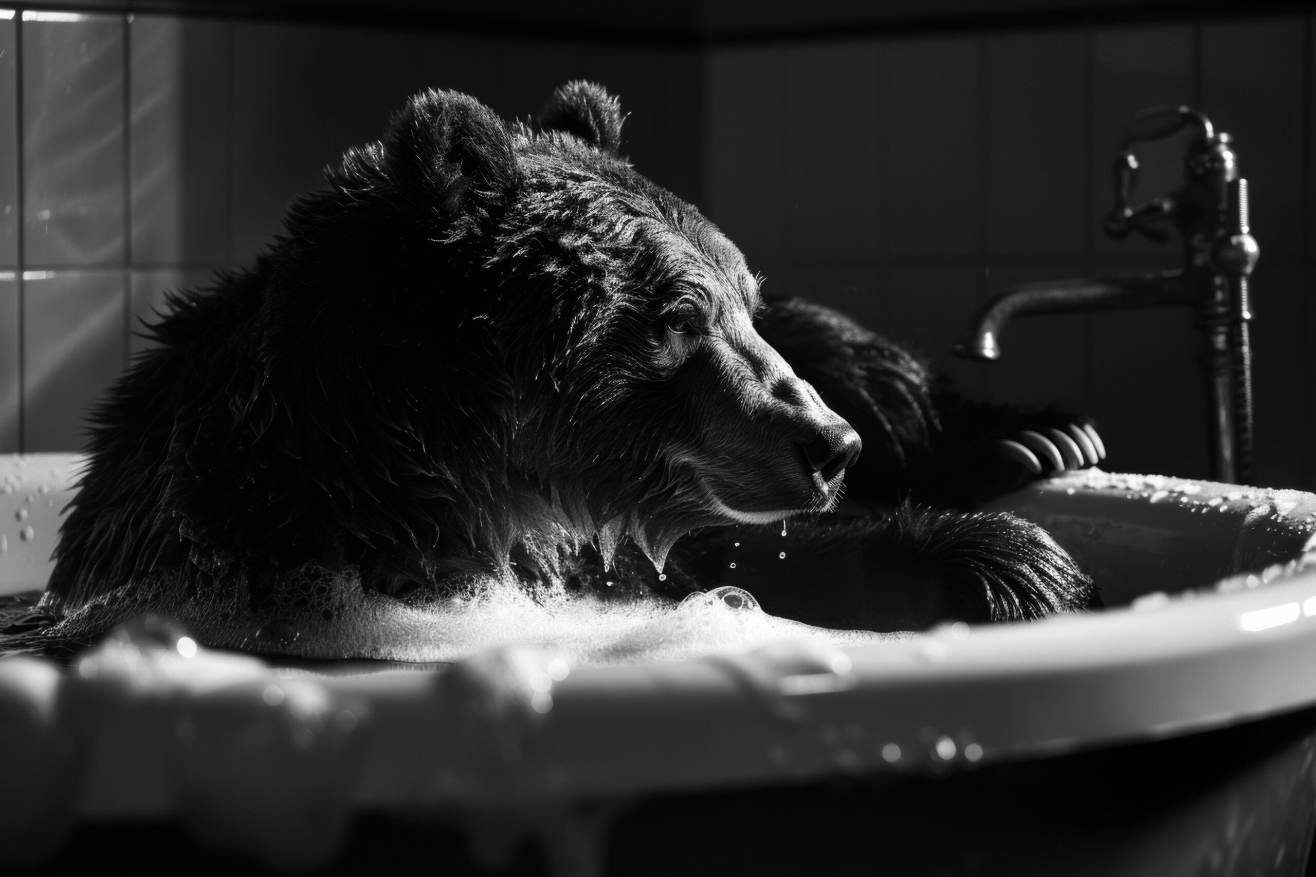 Fotografie Poster Bär Badewanne schwarz-weiß