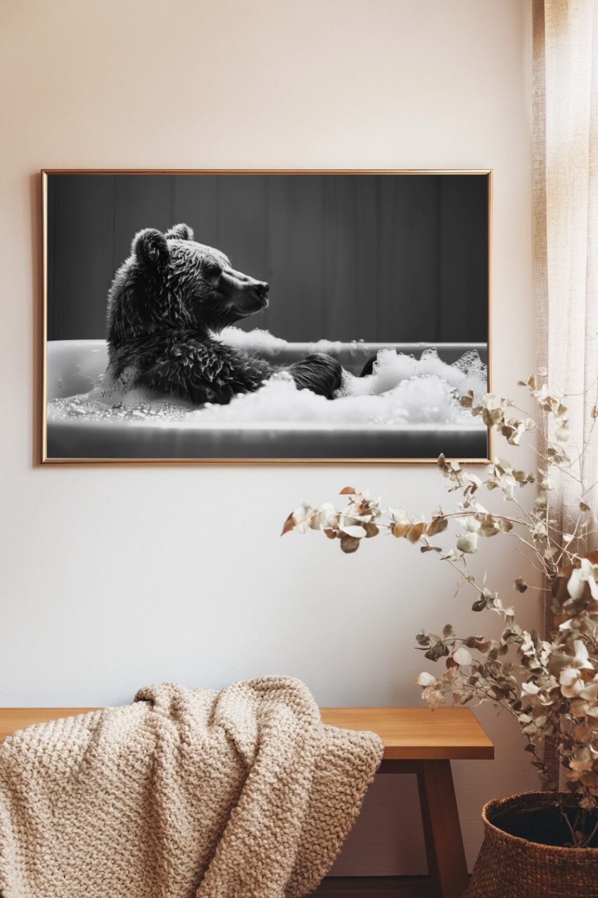 Fotografie Poster Bär Badewanne schwarz-weiß entspannt