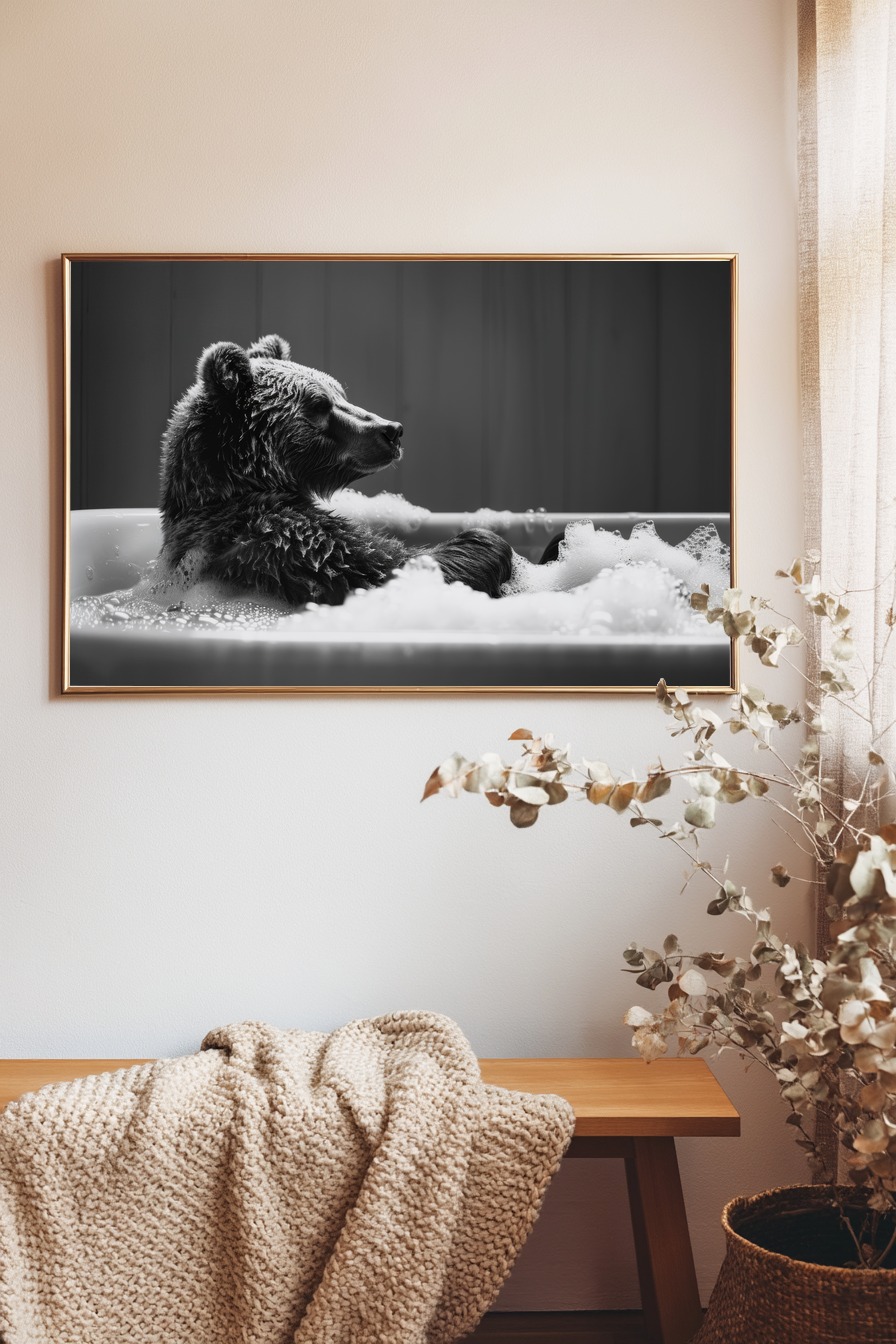 Fotografie Poster Bär Badewanne schwarz-weiß entspannt