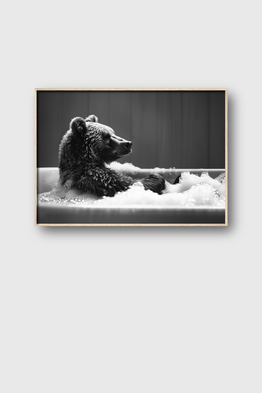 Fotografie Poster Bär Badewanne schwarz-weiß entspannt