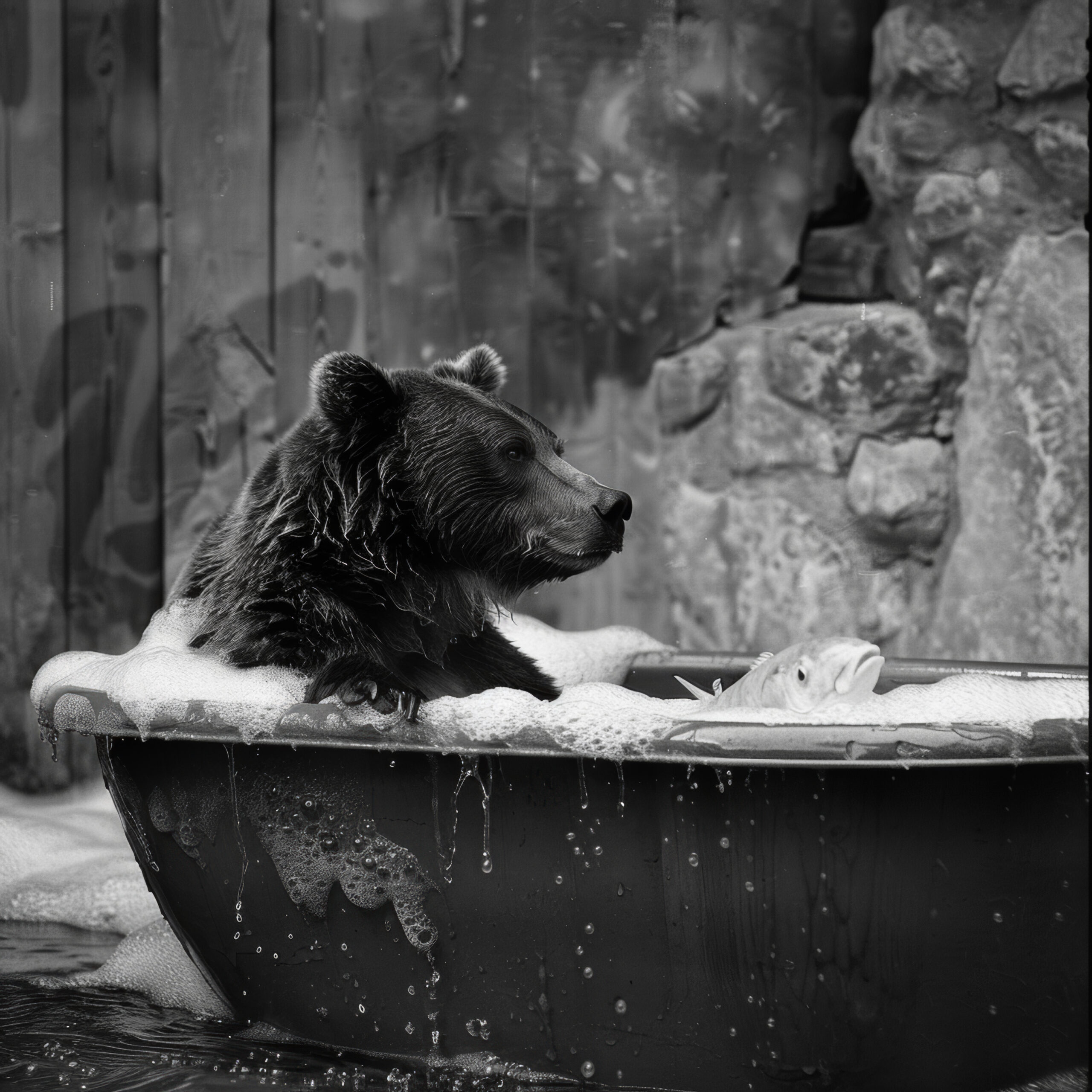 Fotografie Poster Bär Badewanne schwarz-weiß