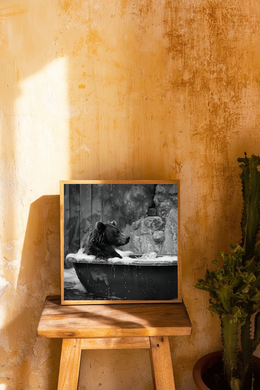 Fotografie Poster Bär Badewanne schwarz-weiß