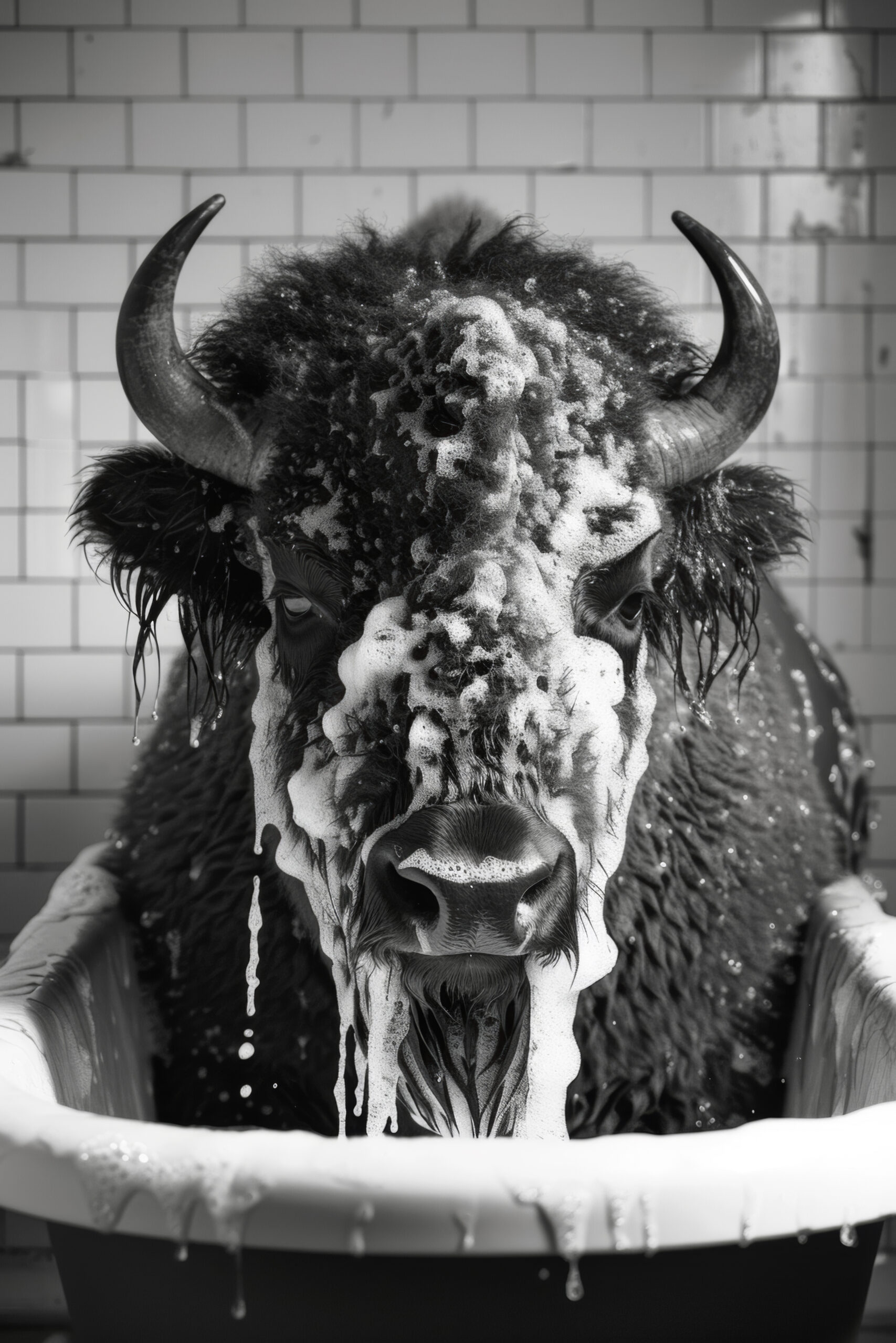 Fotografie Poster Bison Badewanne schwarz-weiß frontal