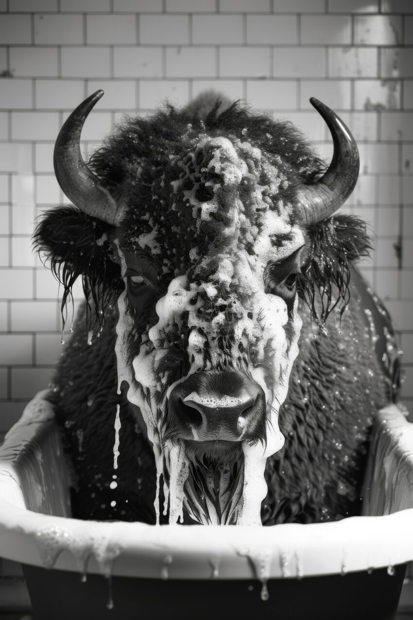 Fotografie Poster Bison Badewanne schwarz-weiß frontal