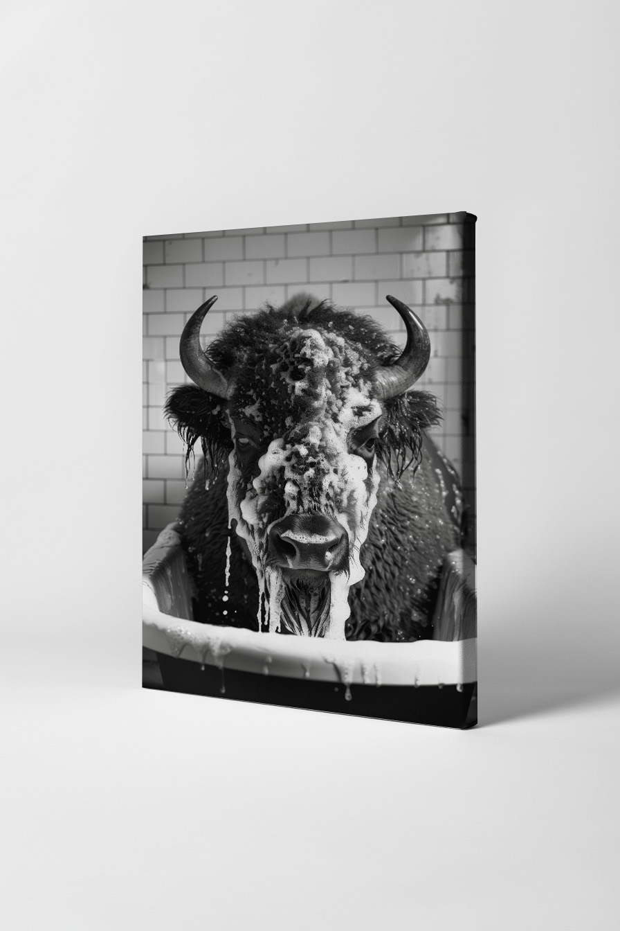 Fotografie Poster Bison Badewanne schwarz-weiß frontal