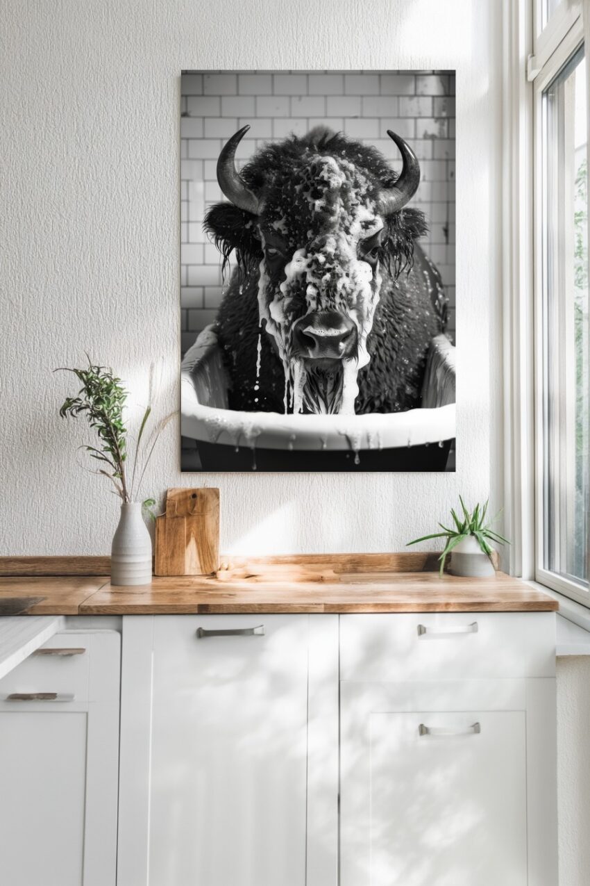 Fotografie Poster Bison Badewanne schwarz-weiß frontal