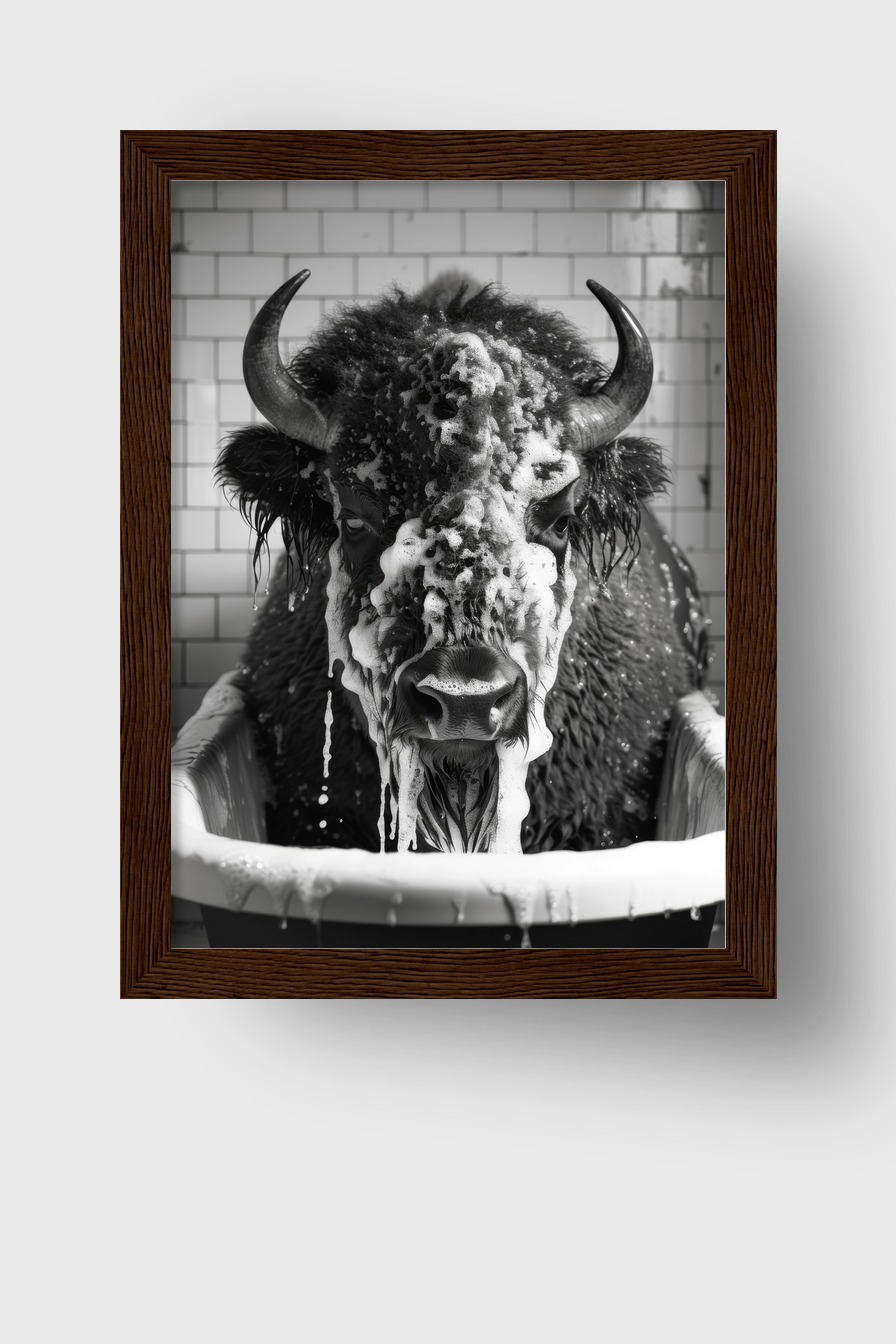 Fotografie Poster Bison Badewanne schwarz-weiß frontal