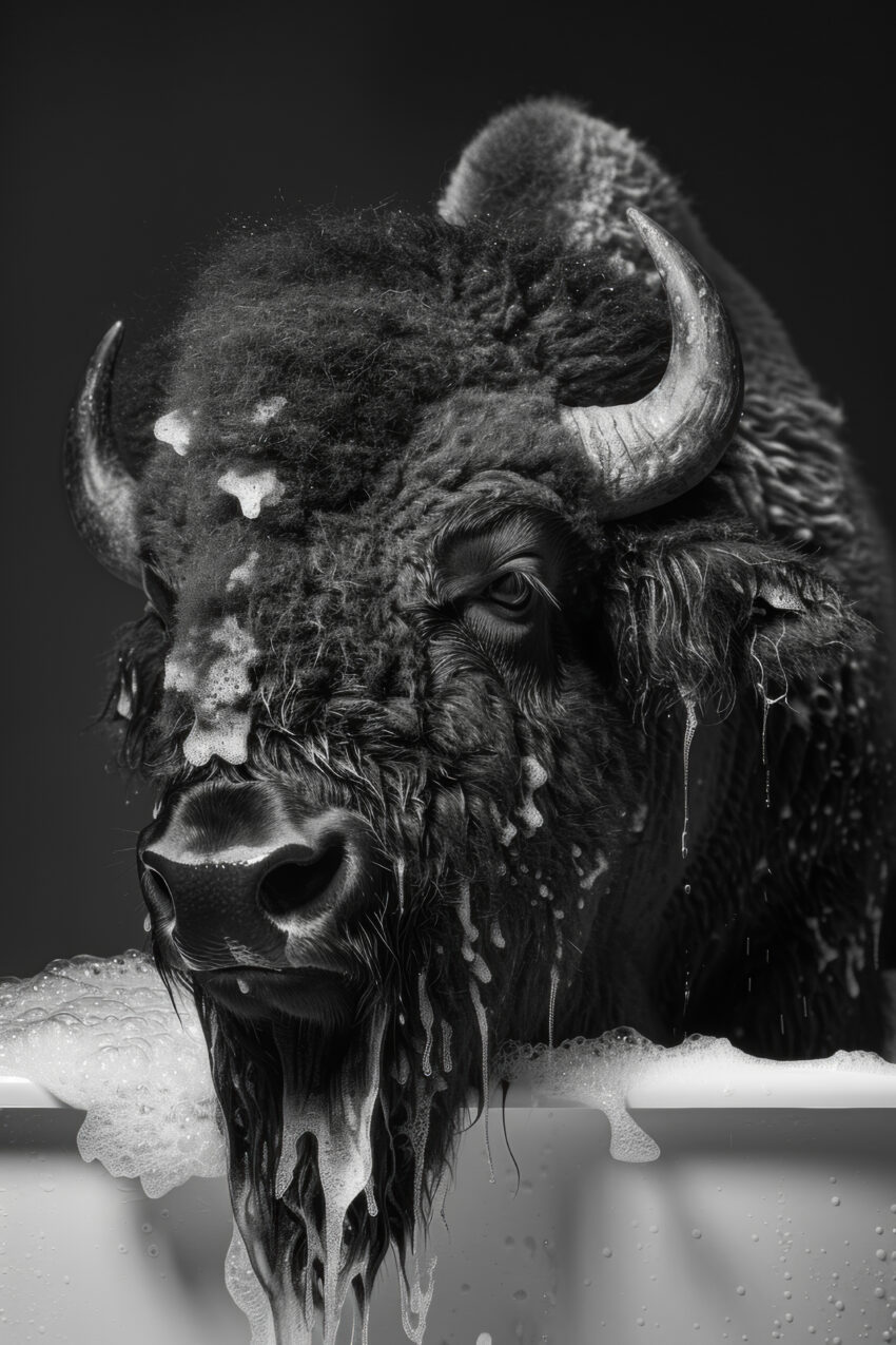 Fotografie Poster Bison Kopf schwarz-weiß nass Badewanne