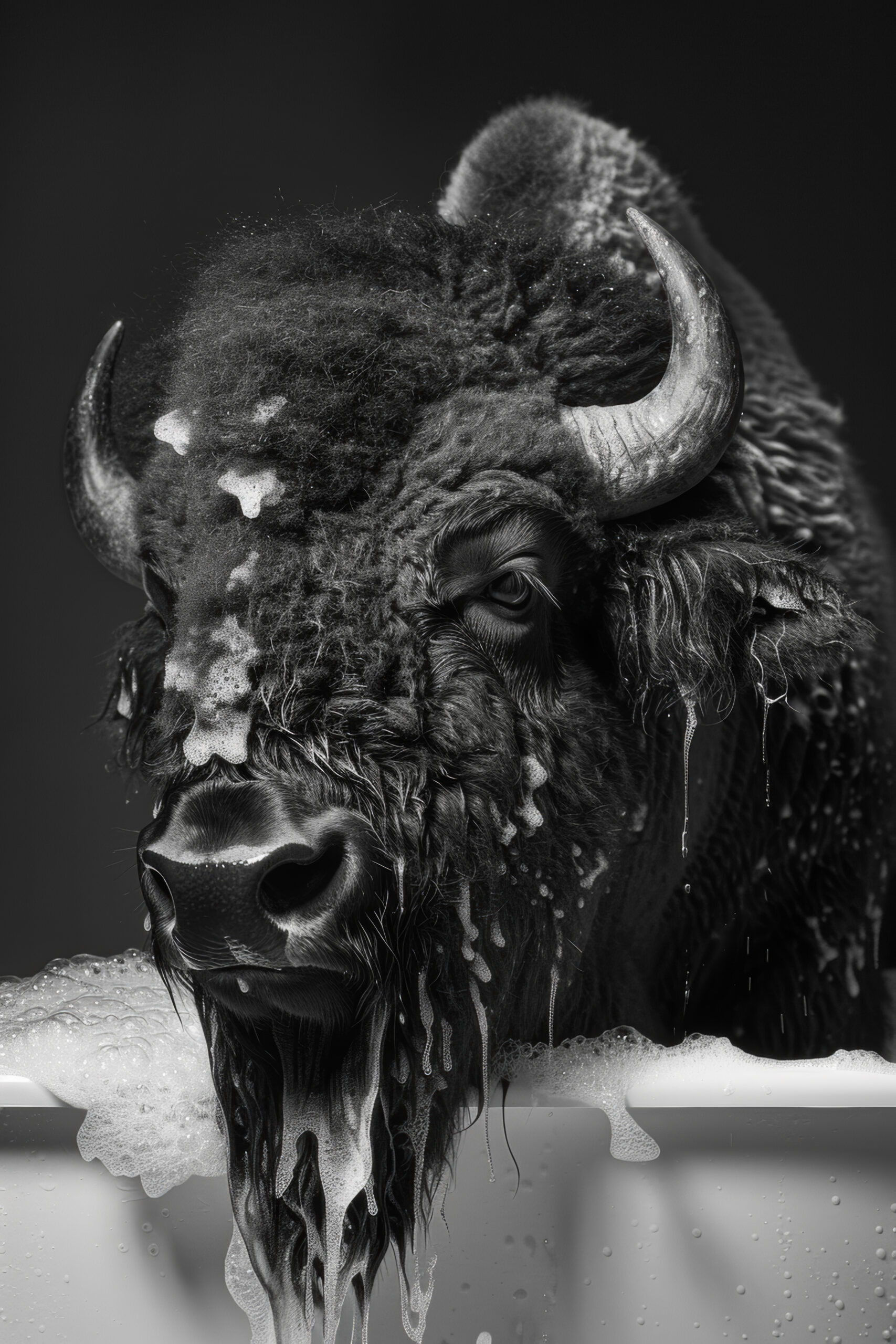 Fotografie Poster Bison Kopf schwarz-weiß nass Badewanne