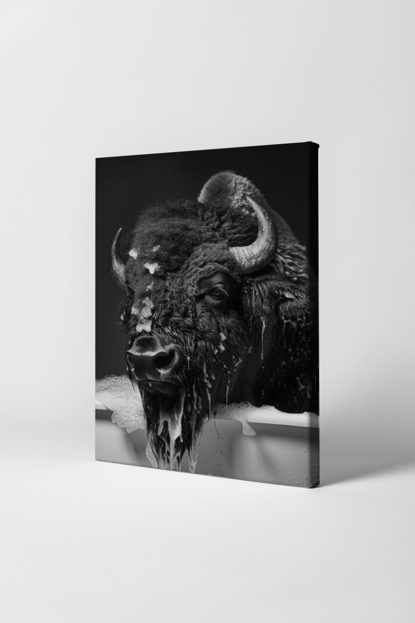 Fotografie Poster Bison Kopf schwarz-weiß nass Badewanne