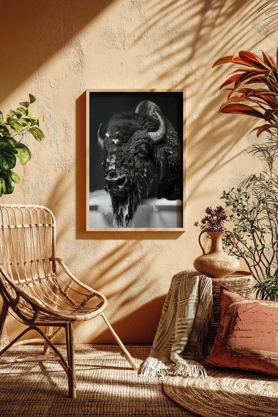 Fotografie Poster Bison Kopf schwarz-weiß nass Badewanne