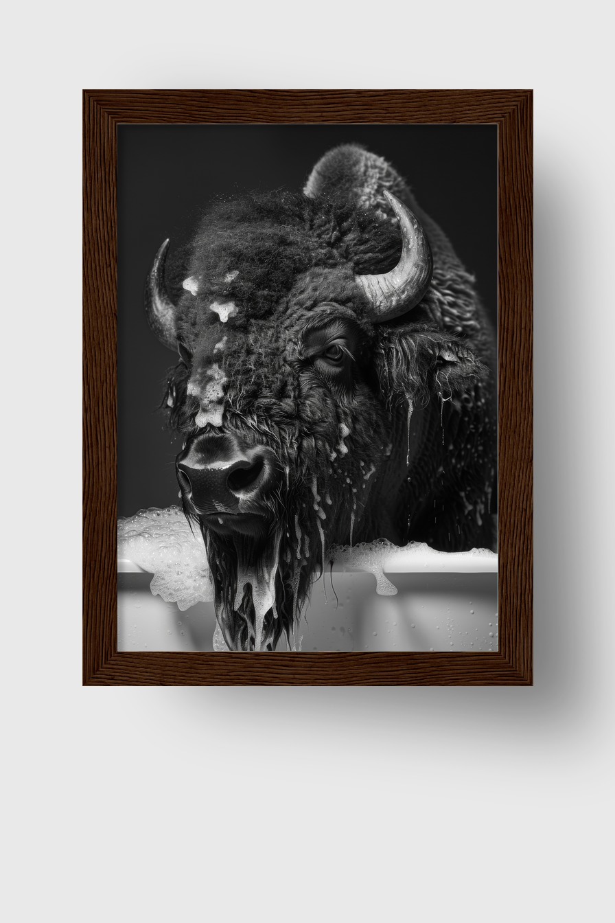 Fotografie Poster Bison Kopf schwarz-weiß nass Badewanne