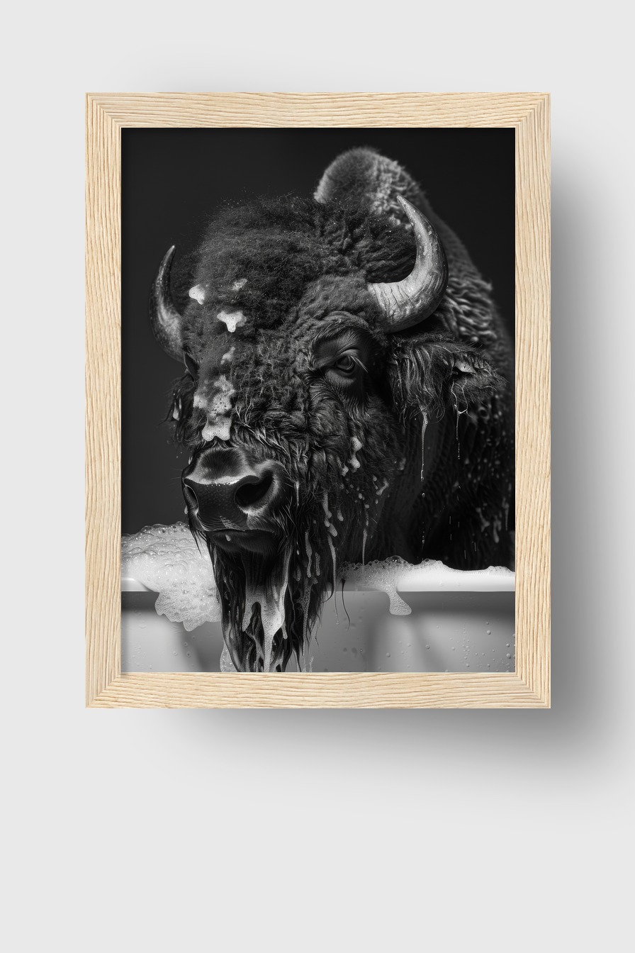 Fotografie Poster Bison Kopf schwarz-weiß nass Badewanne