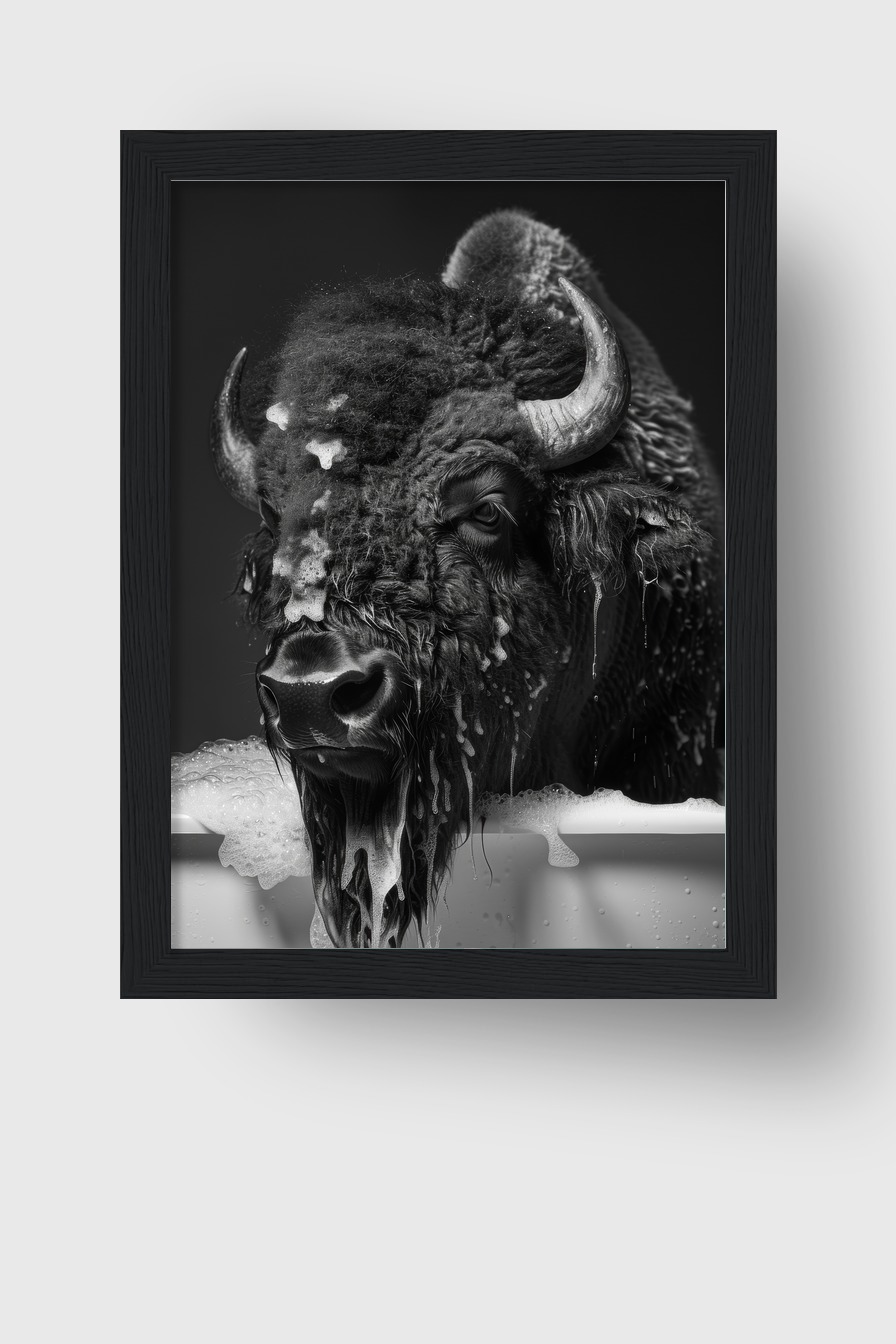 Fotografie Poster Bison Kopf schwarz-weiß nass Badewanne
