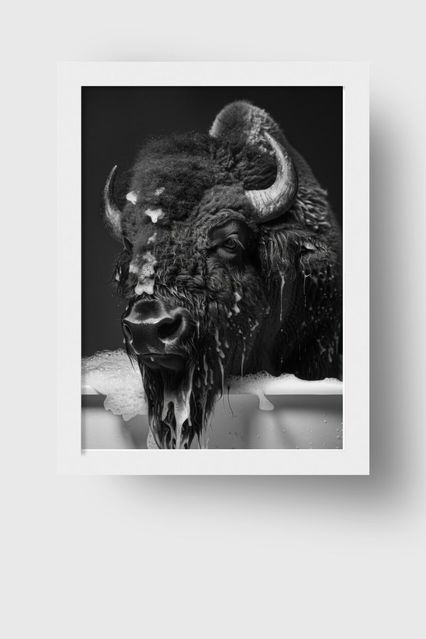 Fotografie Poster Bison Kopf schwarz-weiß nass Badewanne