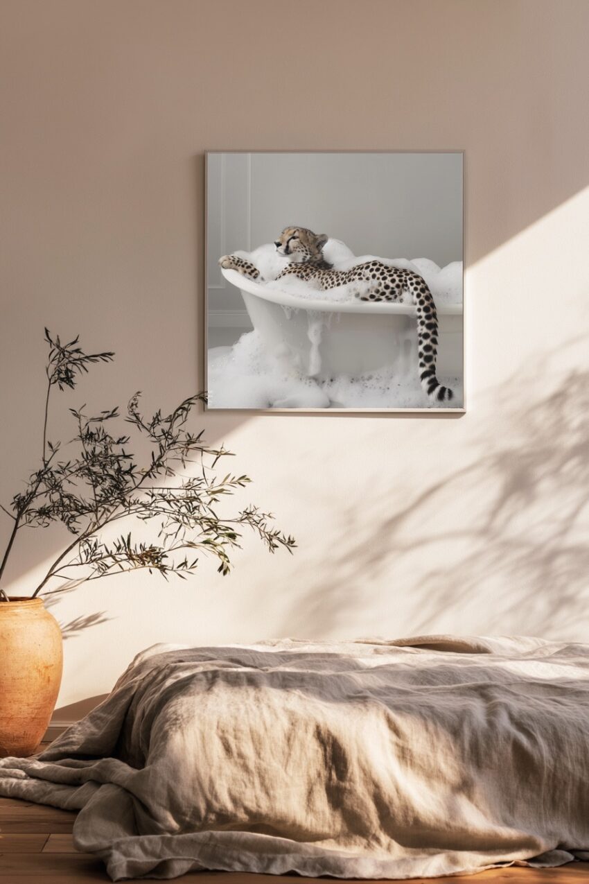 Fotografie Poster Gepard liegend Badewanne Schaum weiß