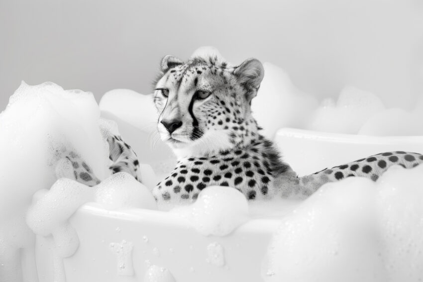 Fotografie Poster Gepard Badewanne schwarz-weiß