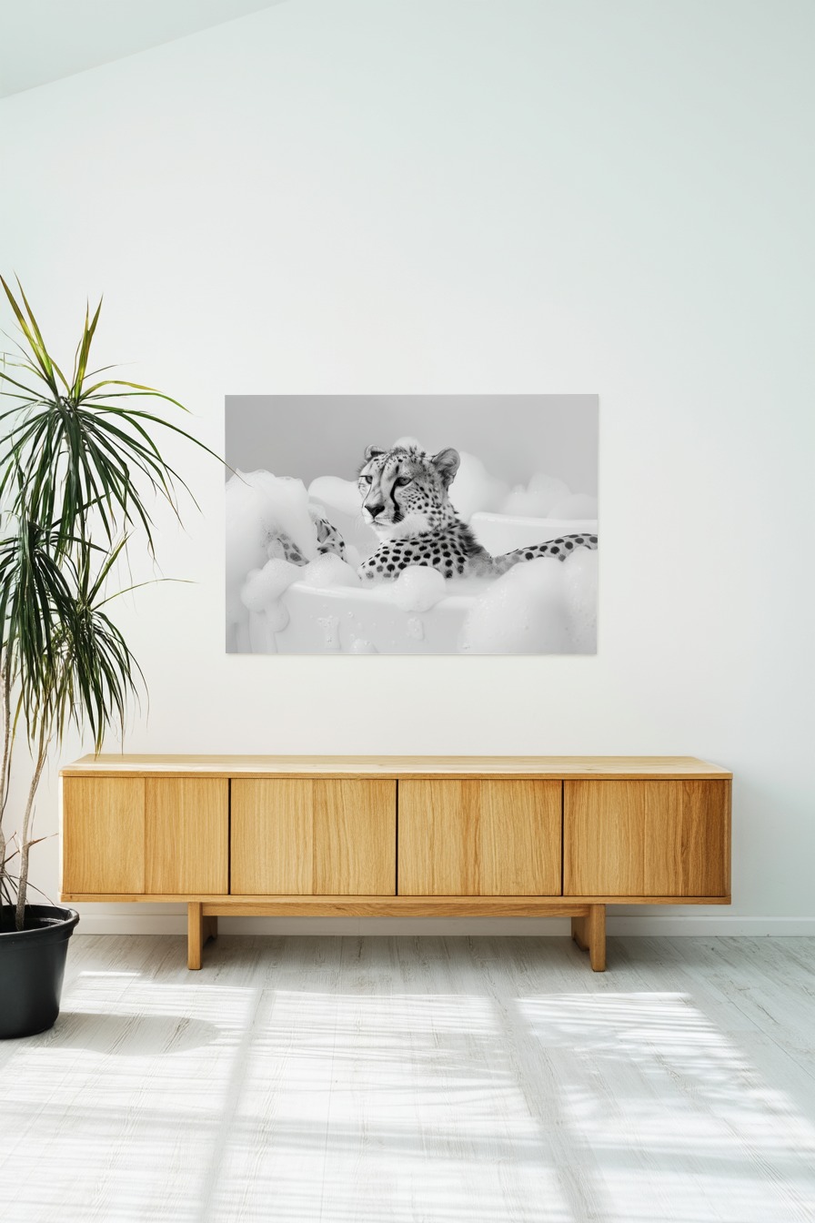 Fotografie Poster Gepard Badewanne schwarz-weiß
