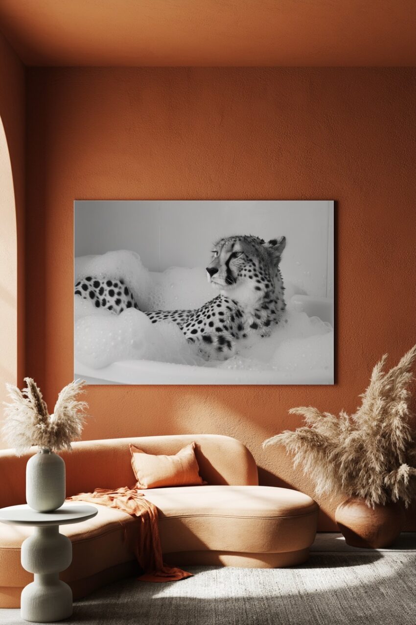 Fotografie Poster Gepard Badewanne schwarz-weiß