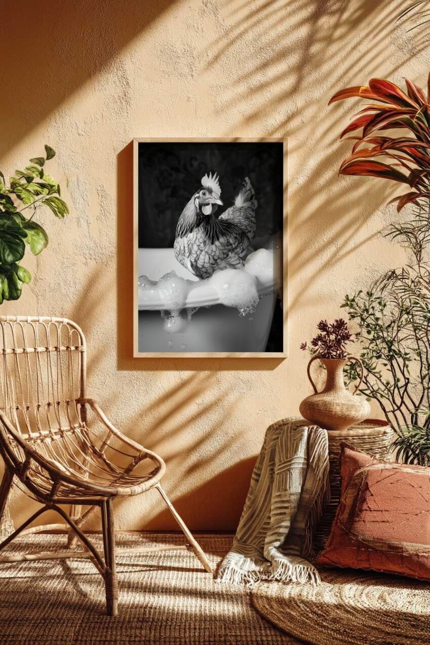 Fotografie Poster Huhn Badewanne schwarz-weiß