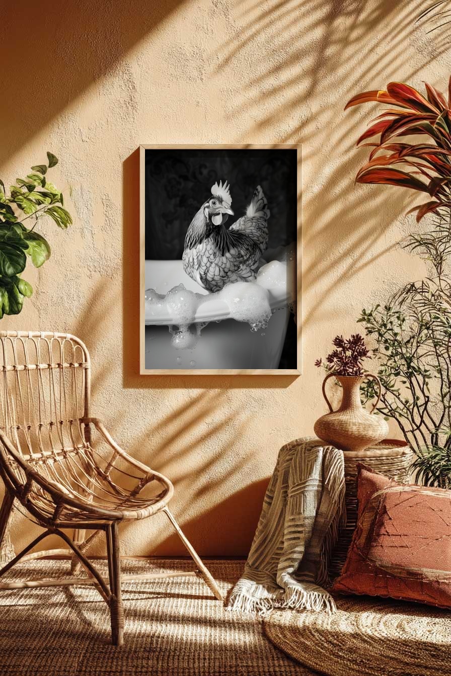 Fotografie Poster Huhn Badewanne schwarz-weiß