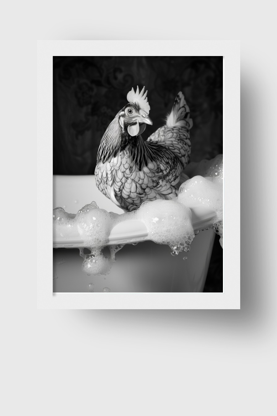 Fotografie Poster Huhn Badewanne schwarz-weiß