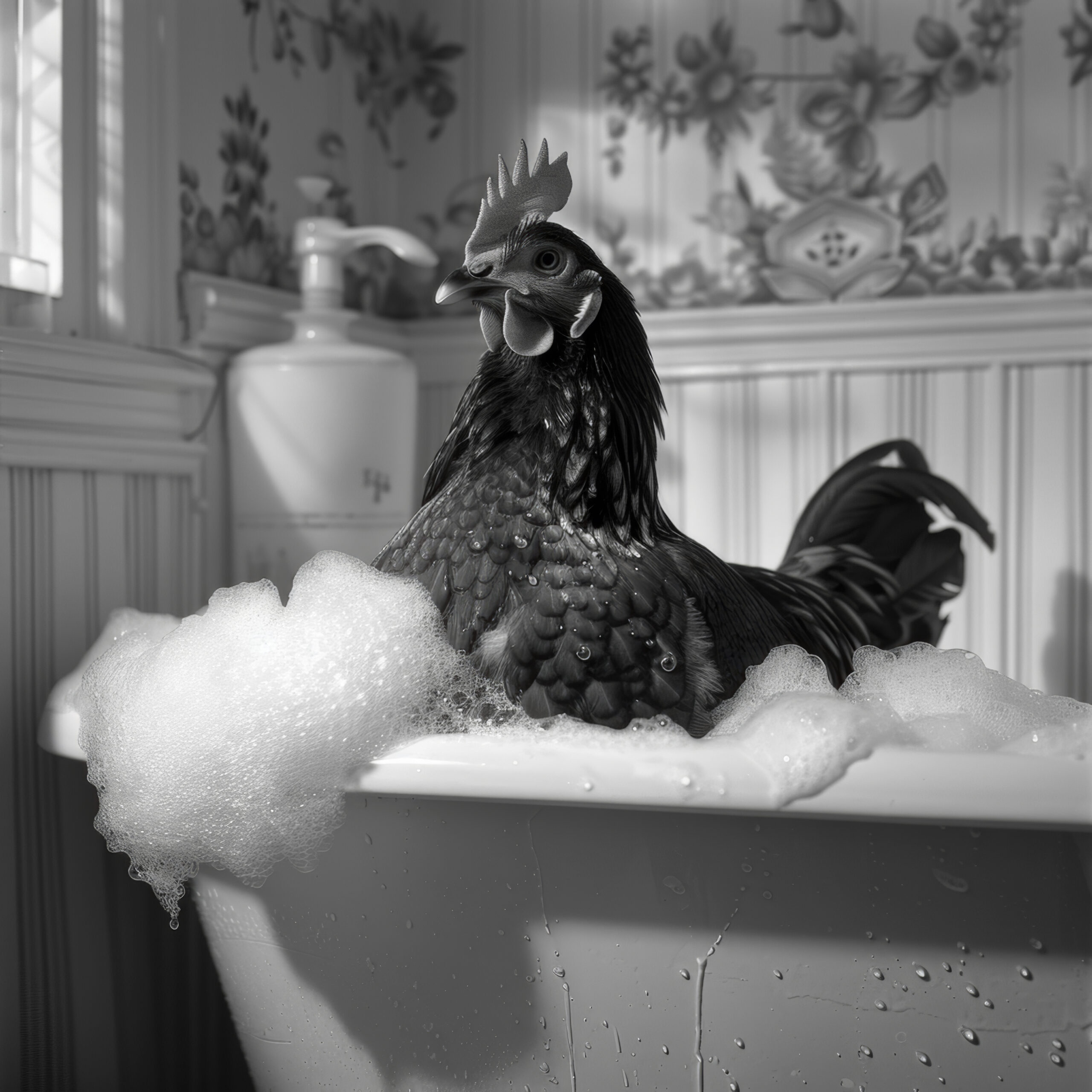 Fotografie Poster Huhn Badewanne schwarz-weiß
