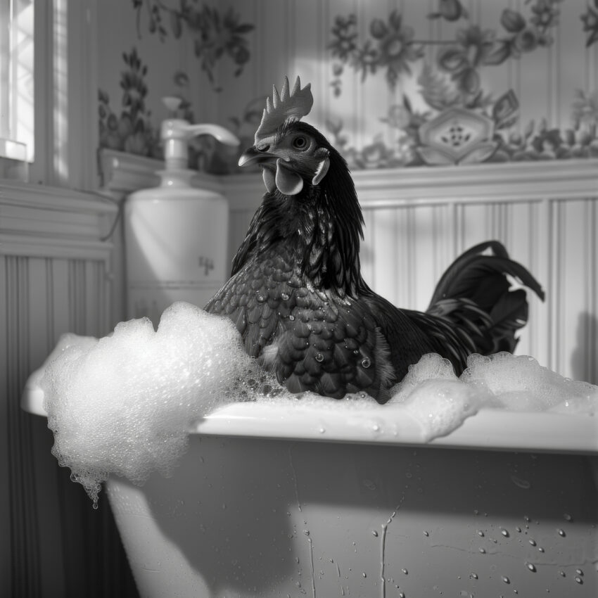 Fotografie Poster Huhn Badewanne schwarz-weiß