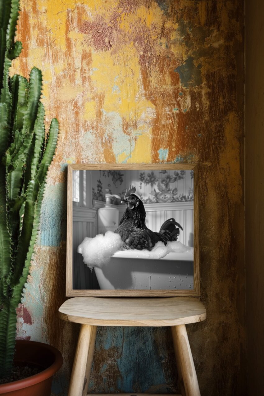 Fotografie Poster Huhn Badewanne schwarz-weiß