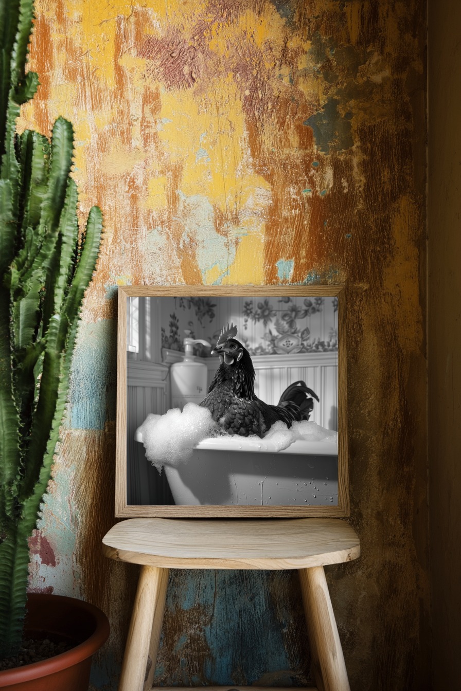 Fotografie Poster Huhn Badewanne schwarz-weiß
