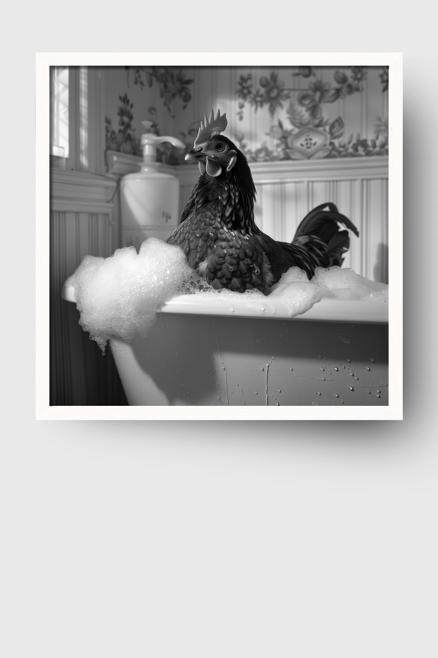 Fotografie Poster Huhn Badewanne schwarz-weiß