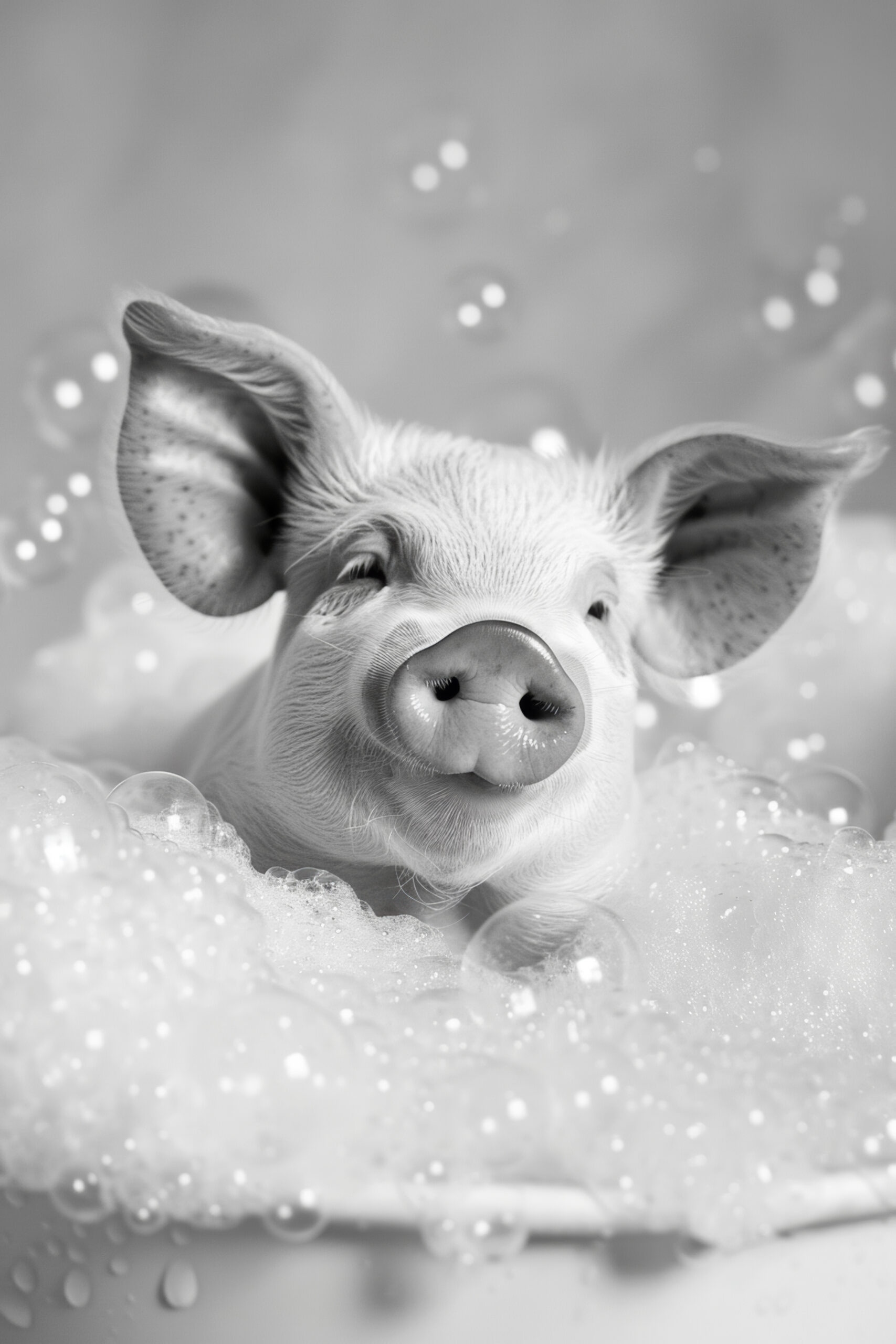 Fotografie Poster Schwein Badewanne Schaumbad schwarz-weiß