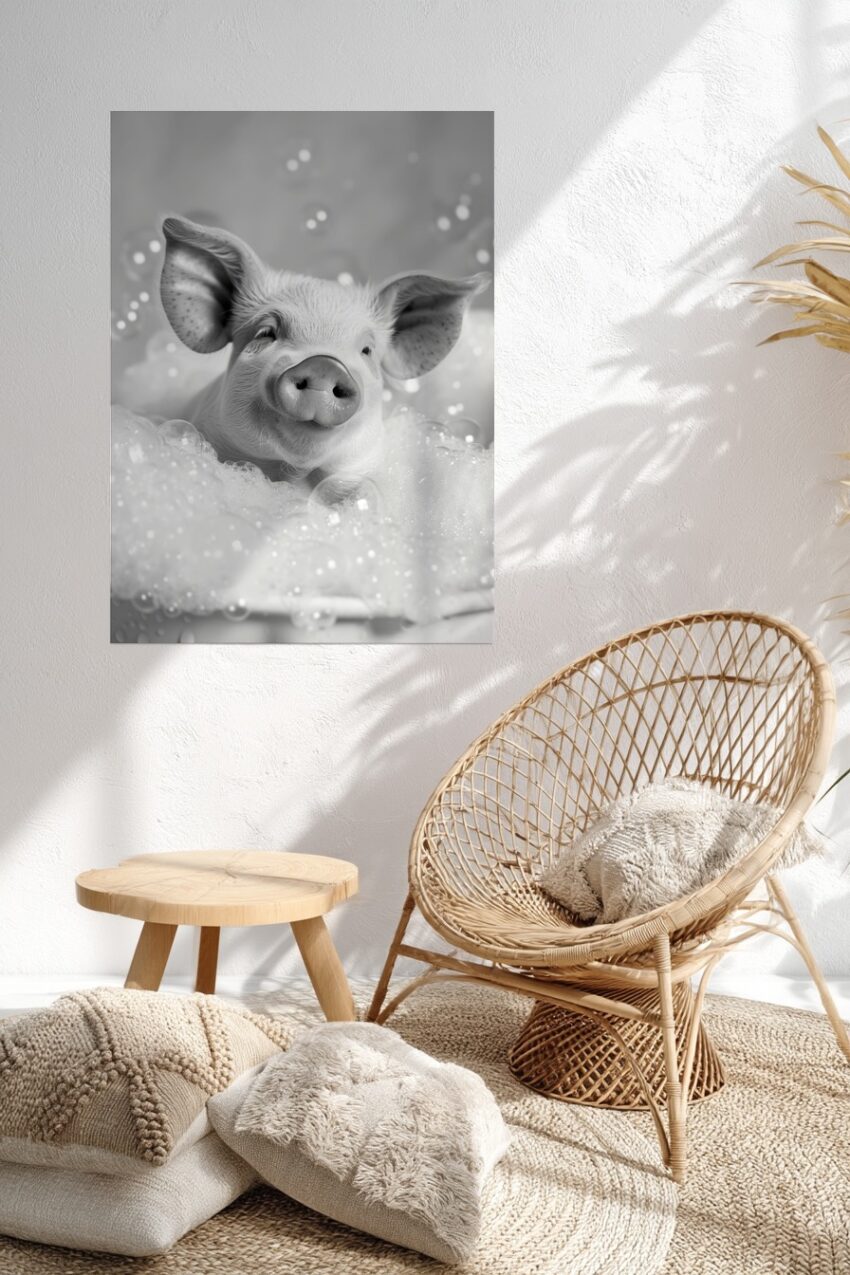 Fotografie Poster Schwein Badewanne Schaumbad schwarz-weiß