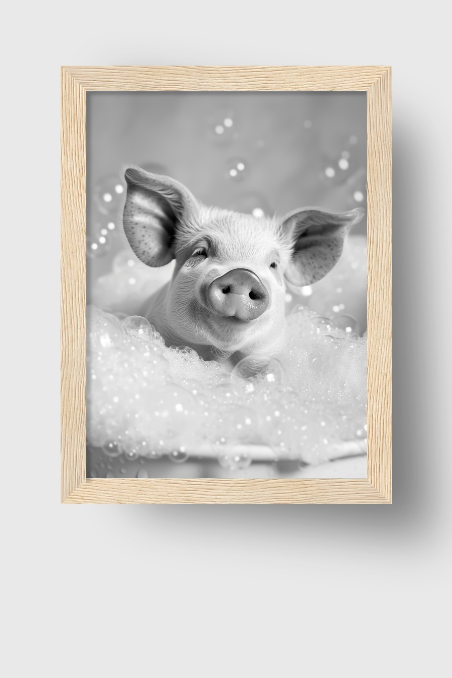 Fotografie Poster Schwein Badewanne Schaumbad schwarz-weiß