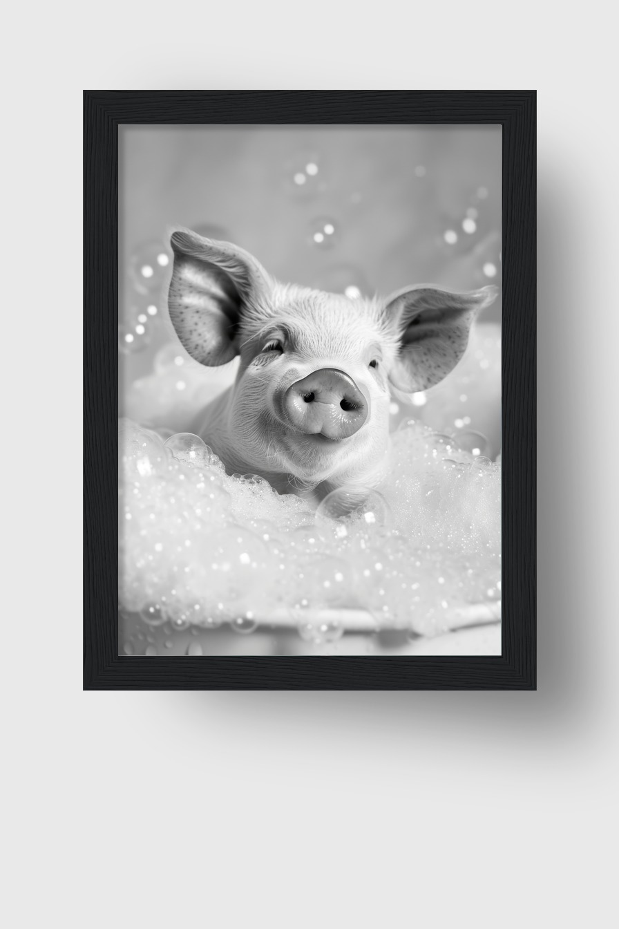 Fotografie Poster Schwein Badewanne Schaumbad schwarz-weiß