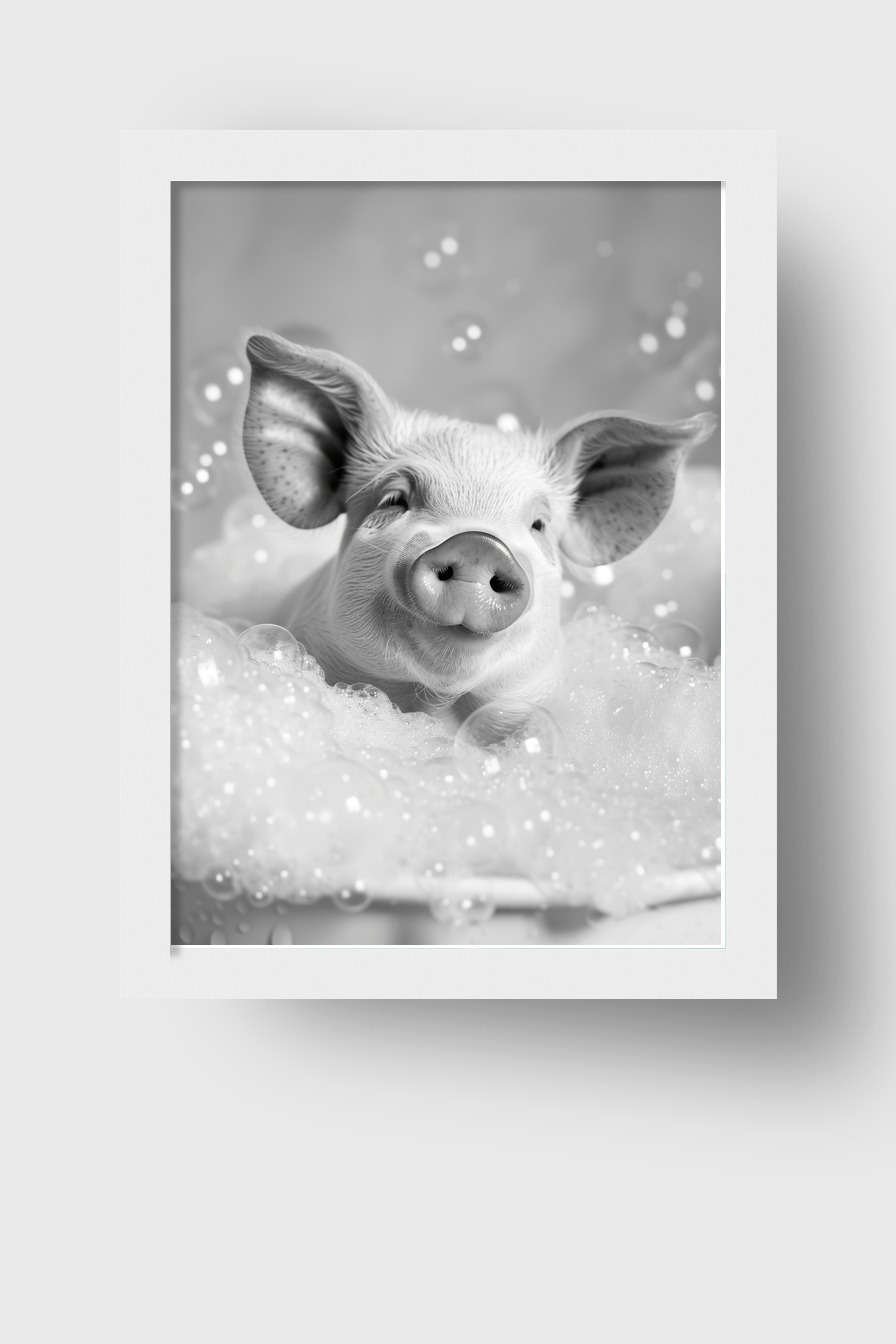 Fotografie Poster Schwein Badewanne Schaumbad schwarz-weiß