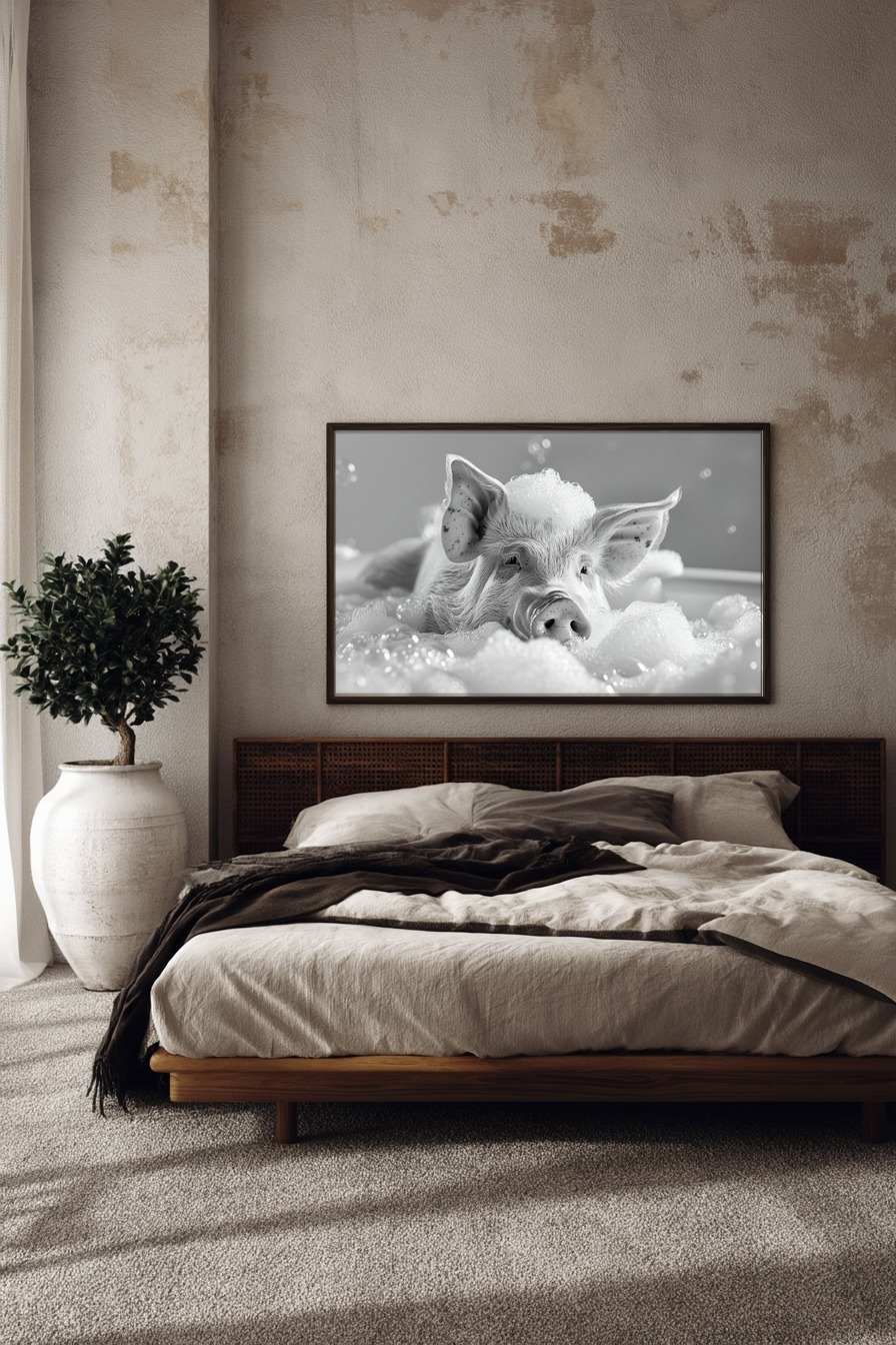 Fotografie Poster Schwein Schaumbad schwarz-weiß Nahaufnahme