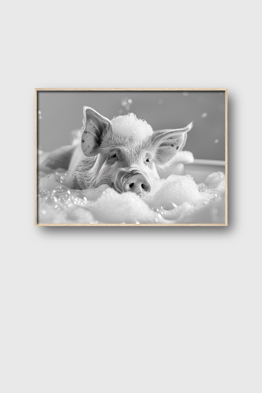 Fotografie Poster Schwein Schaumbad schwarz-weiß Nahaufnahme